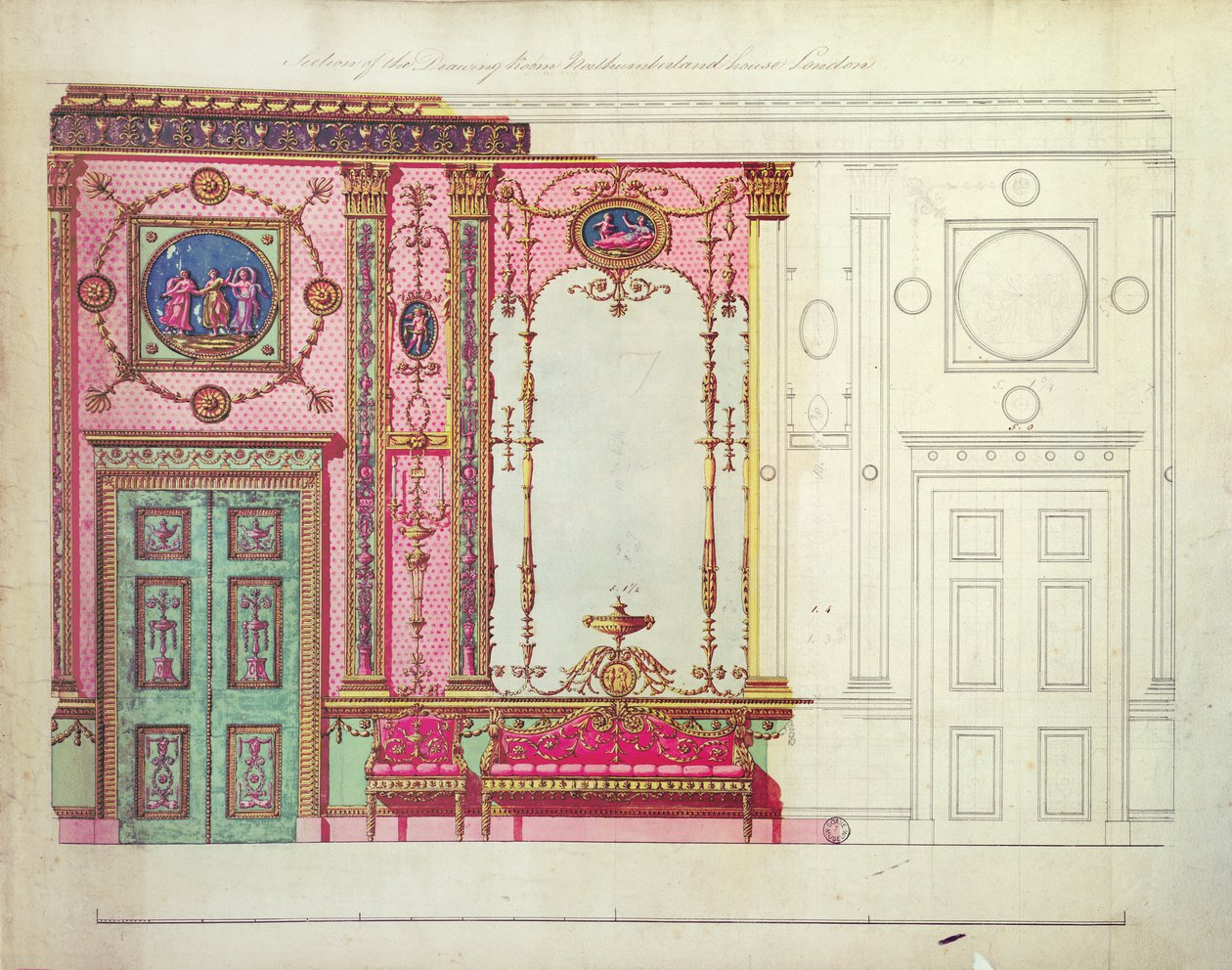 Przekrój salonu, Northumberland House, Londyn; projekt ściany końcowej, (pióro, tusz i wc) autorstwa Robert Adam
