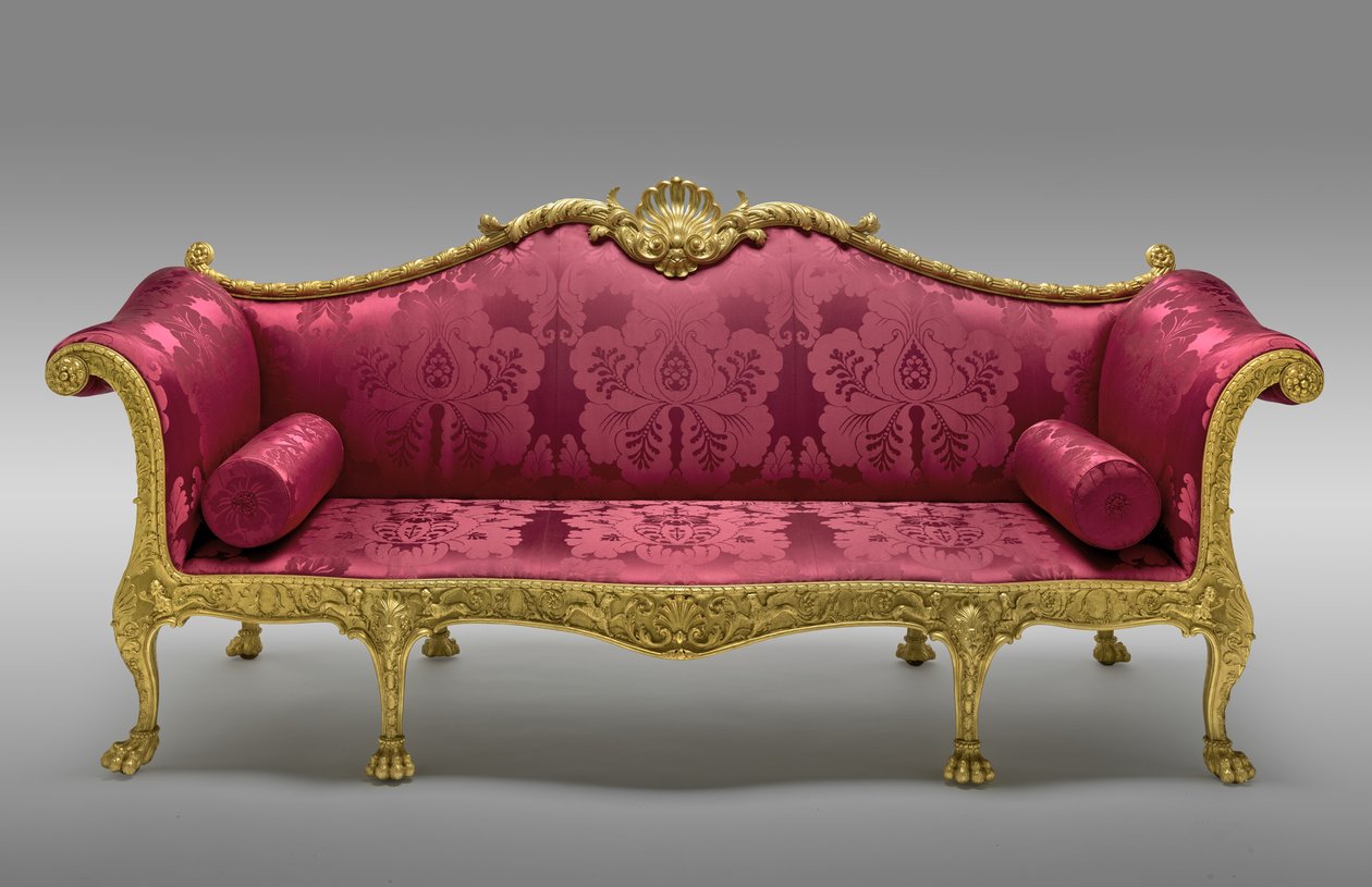 Sofa Dundas, zamówiona w 1764 r., wykonana w 1765 r. (pozłacana sosna i buk, z późniejszą jedwabną tapicerką) autorstwa Robert Adam