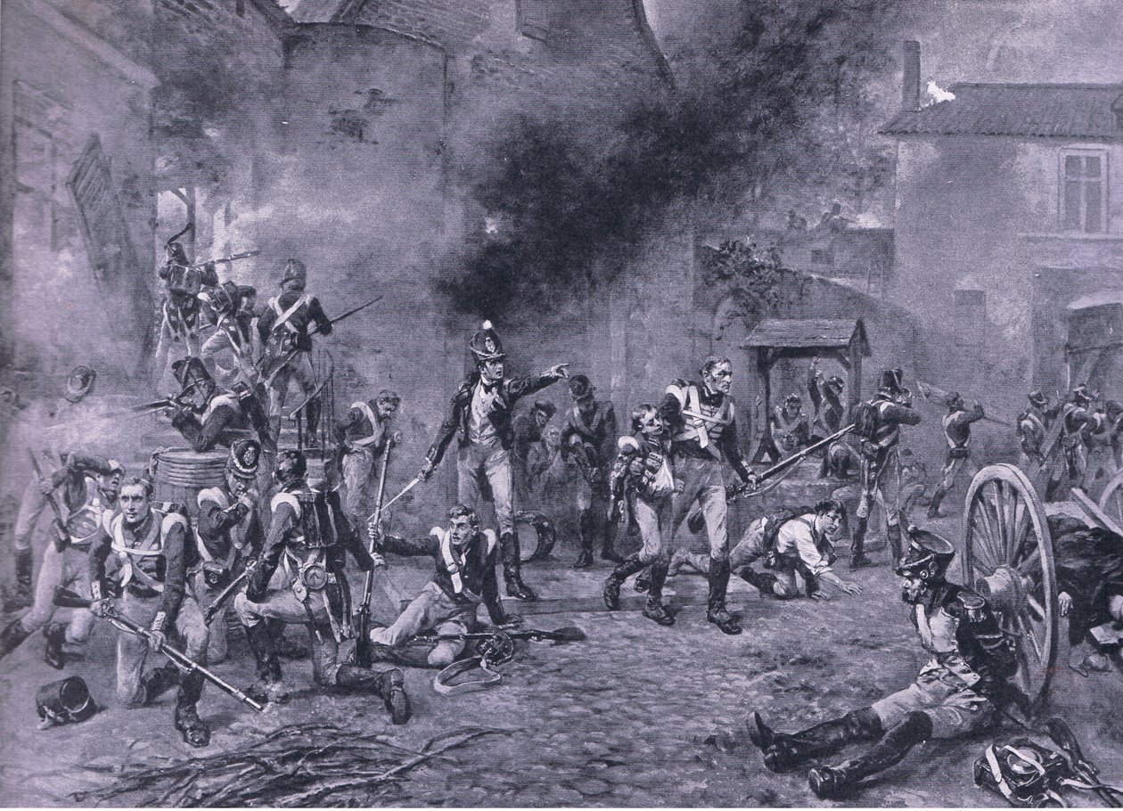 Obrona Hougoumont 18 czerwca 1815 r., ilustracja z brytyjskich bitew lądowych i morskich, 1915 r. autorstwa Robert Alexander Hillingford