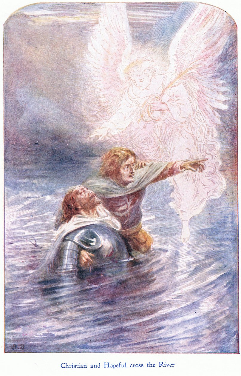 Christian i Hopeful przechodzą przez rzekę, z książki The Pilgrims Progress wydanej przez John F. Shaw & Co, ok. 1900 (kolor lito) autorstwa Robert Ambrose Dudley