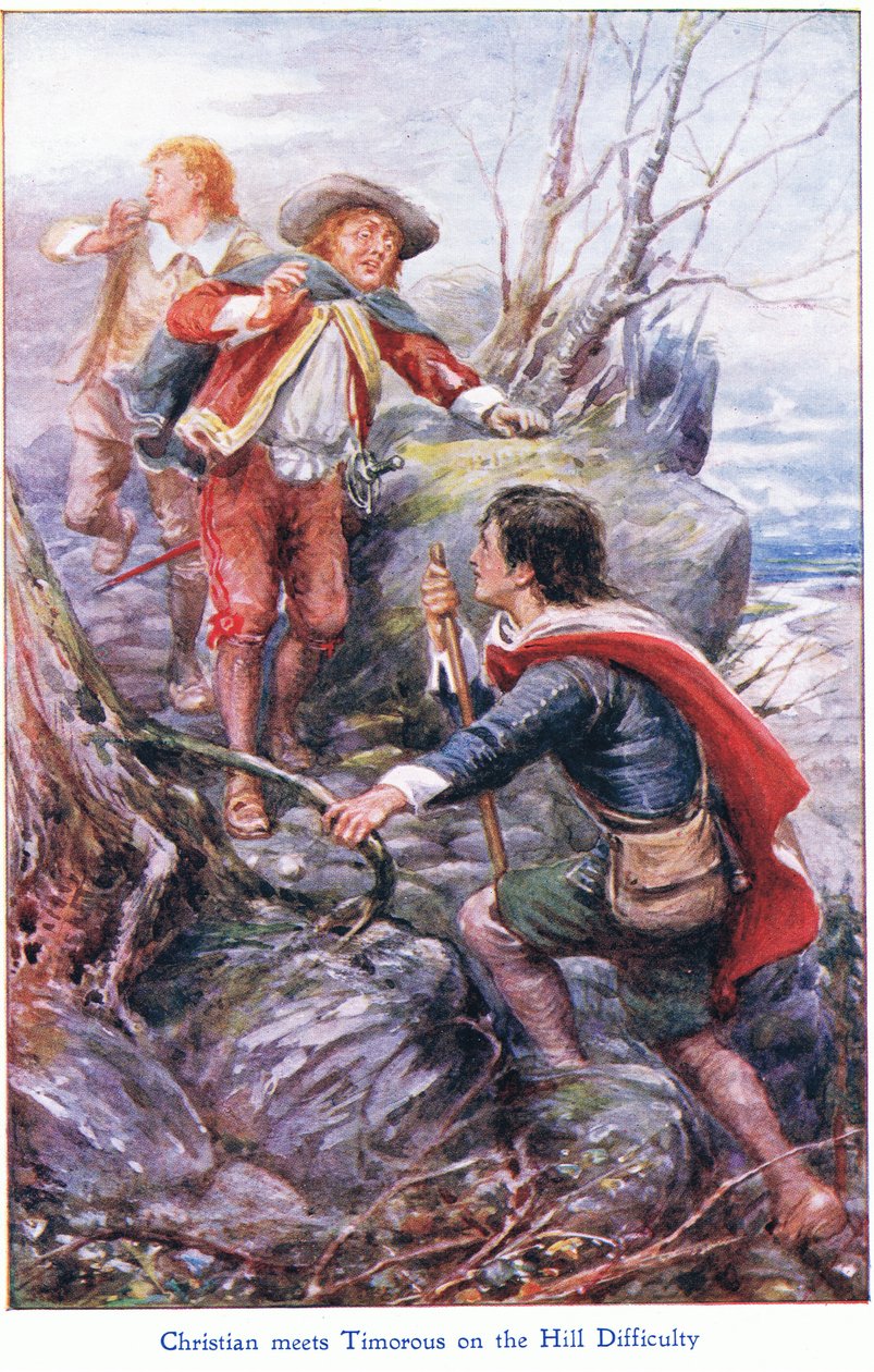 Christian spotyka Timorousa na wzgórzu trudności, z książki The Pilgrims Progress wydanej przez John F. Shaw & Co, ok. 1900 (kolor lito) autorstwa Robert Ambrose Dudley