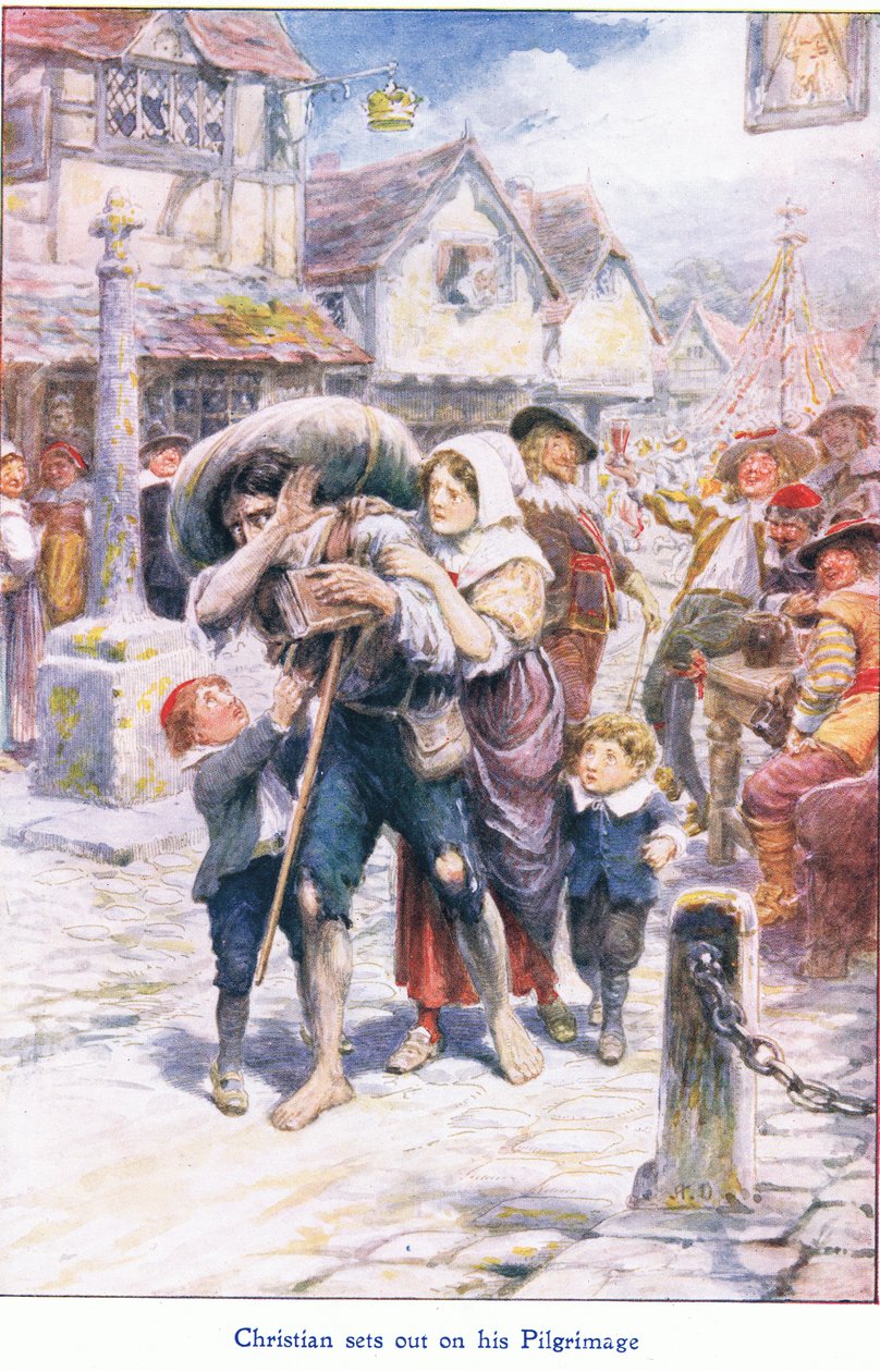 Christian wyrusza na swoją pielgrzymkę, z książki The Pilgrims Progress wydanej przez John F. Shaw & Co, ok. 1900 (kolor lito) autorstwa Robert Ambrose Dudley