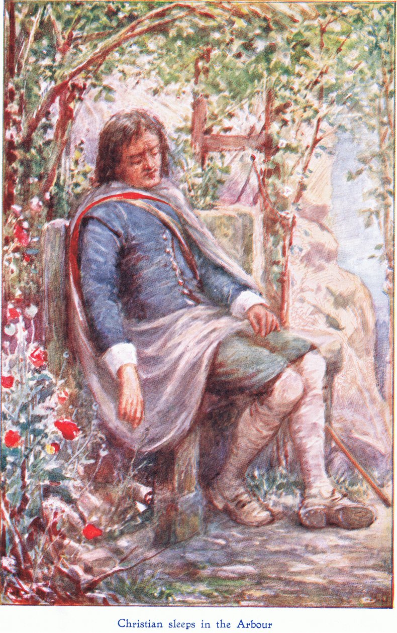 Christian śpi w altanie, z The Pilgrims Progress wydanej przez John F. Shaw & Co, ok. 1900 (kolor lito) autorstwa Robert Ambrose Dudley