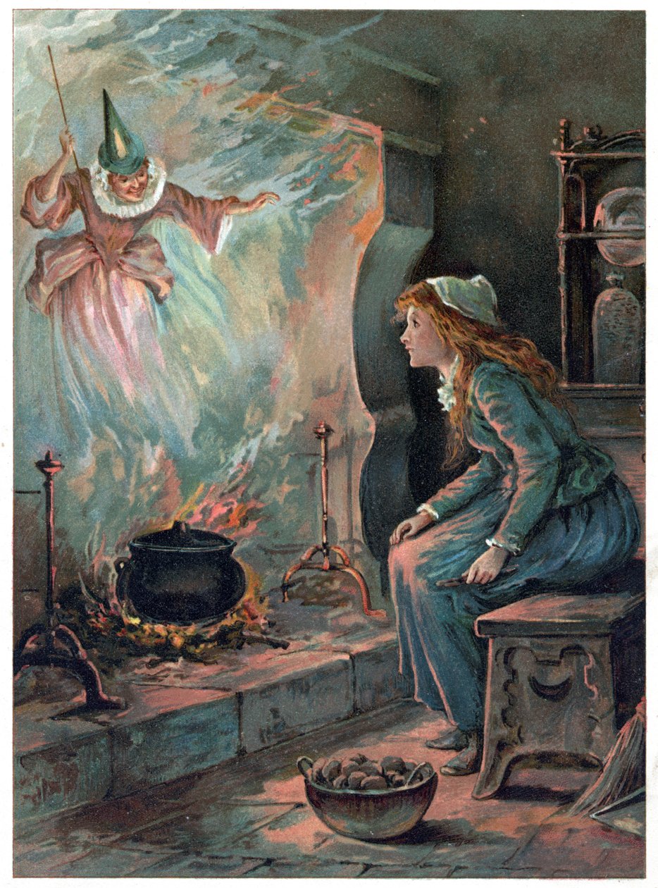 Kopciuszek i wróżka chrzestna, ilustracja z „Pewnego razu” wydanej przez Ernesta Mistera, ok. 1900 (kolor lito) autorstwa Robert Ambrose Dudley