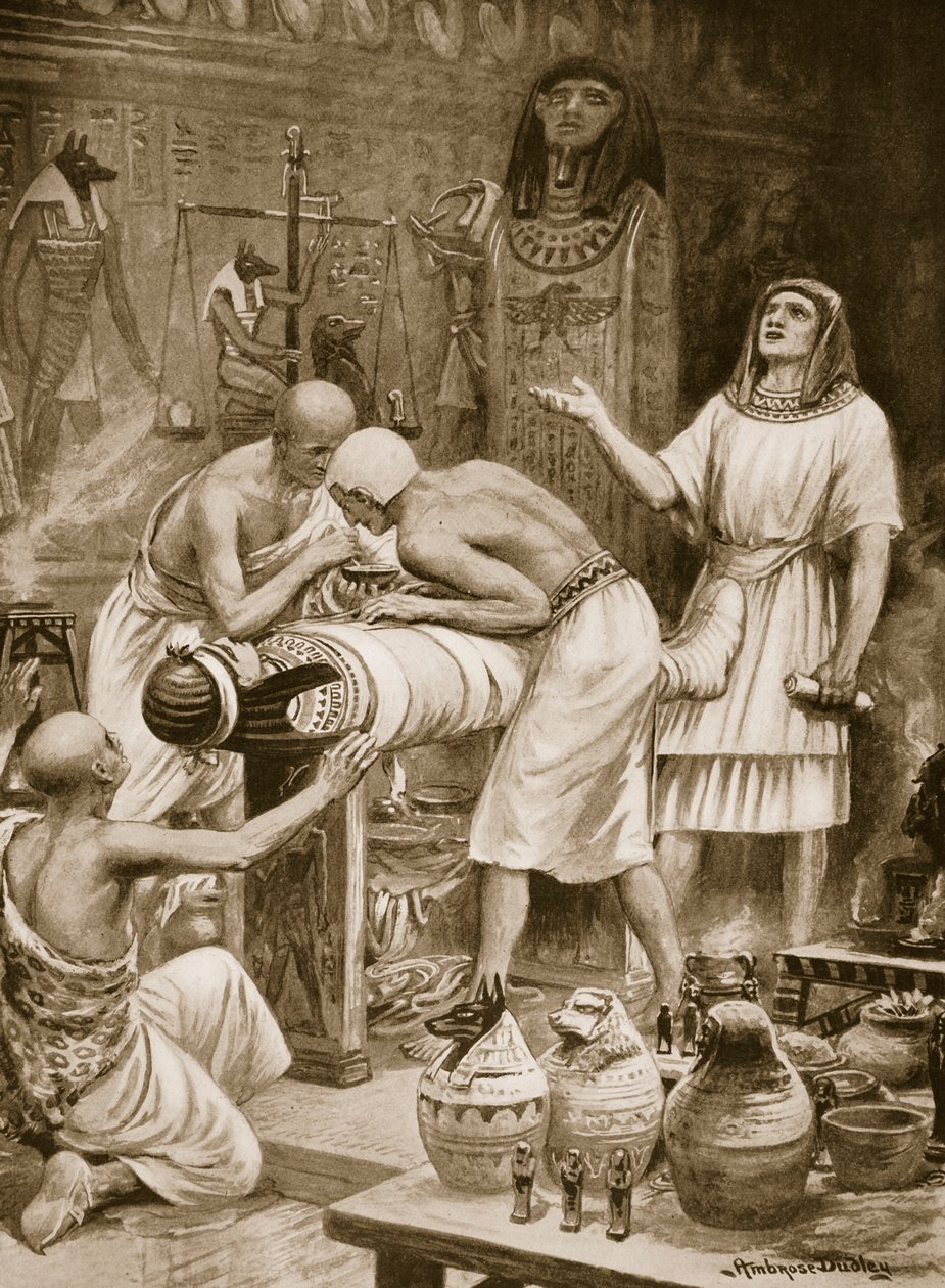 Balsamowanie zmarłych, ilustracja z „Historia narodów Hutchinsonów”, c.1910 (lito) autorstwa Robert Ambrose Dudley