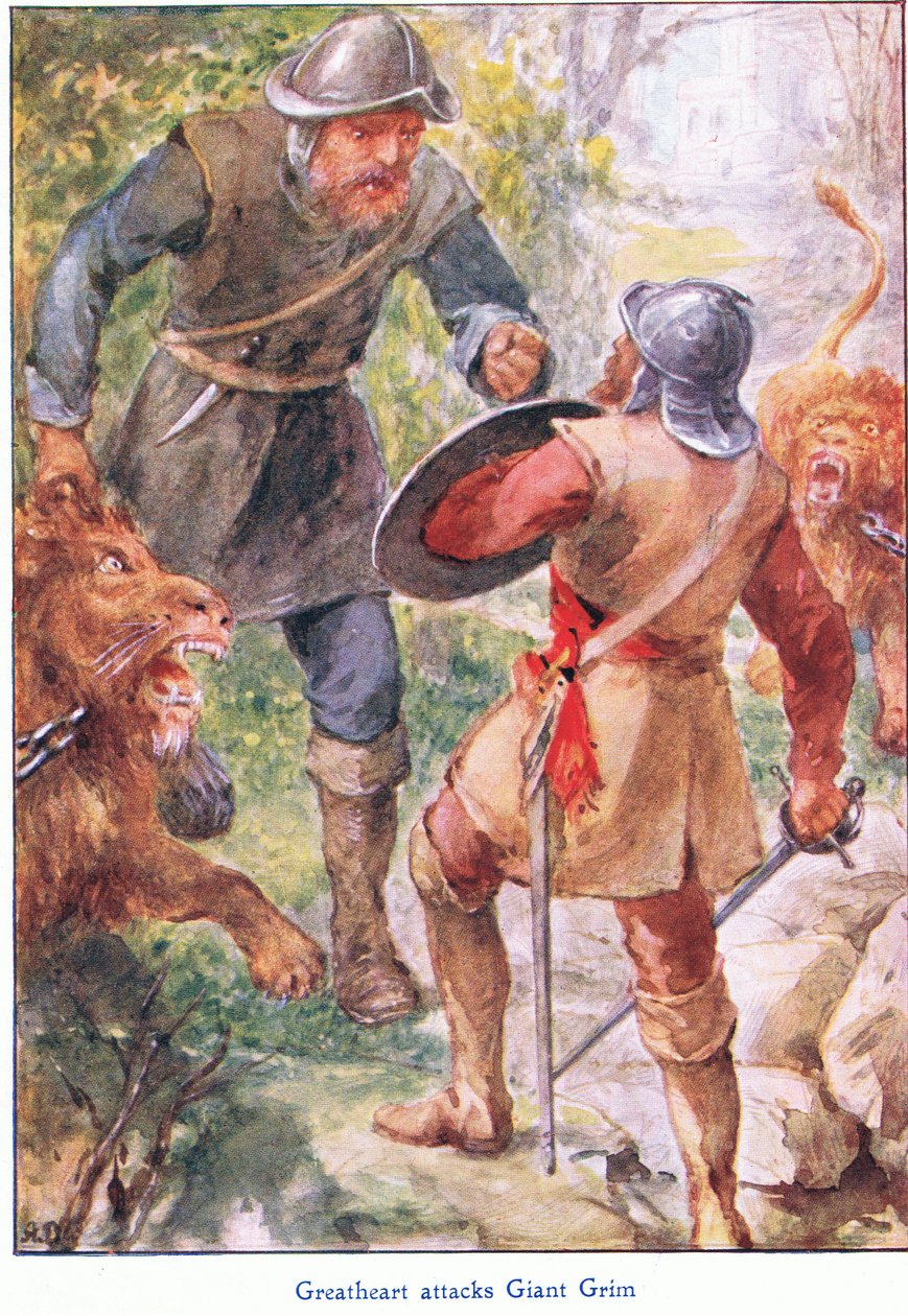 Wielkie serce atakuje Giant Grim, z książki The Pilgrims Progress wydanej przez John F. Shaw & Co, ok. 1900 (kolor lito) autorstwa Robert Ambrose Dudley