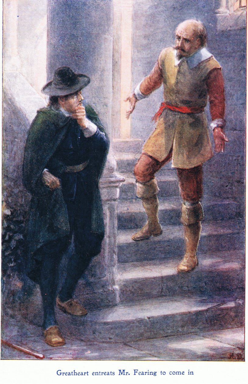Wielkie Serce błaga pana Fearinga o wejście, z The Pilgrims Progress wydanej przez John F. Shaw & Co, ok. 1900 (kolor lito) autorstwa Robert Ambrose Dudley