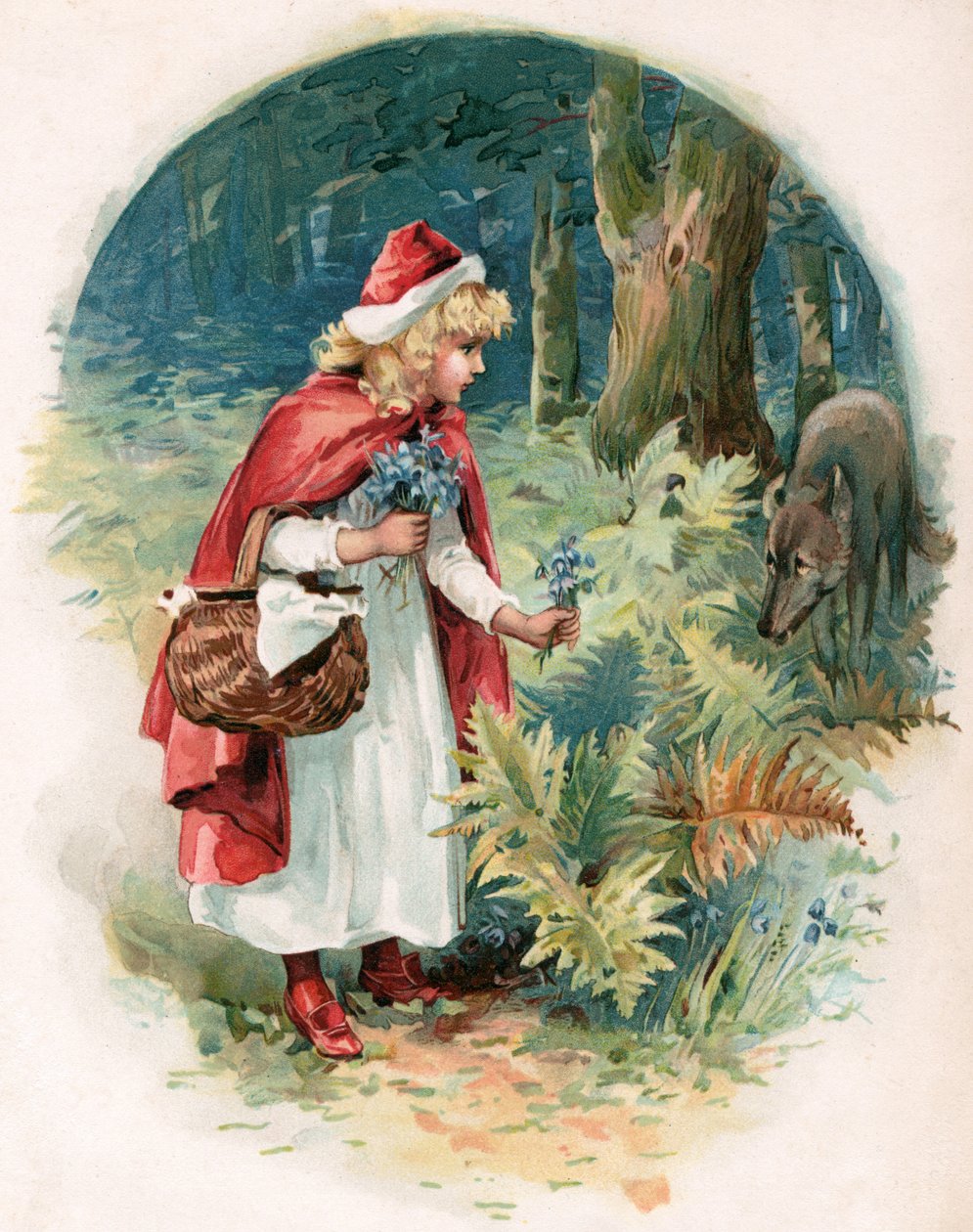 Czerwony Kapturek, ilustracja z książki „Once Upon a Time” wydanej przez Ernesta Mistera, ok. 1900 (kolor litho) autorstwa Robert Ambrose Dudley