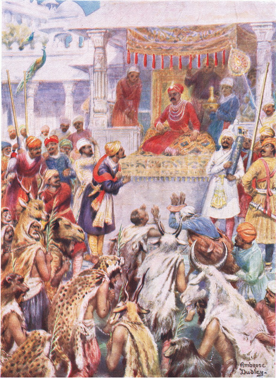 Khan Jahan pokazuje Akbarowi jego książęcych jeńców (kolor lito) autorstwa Robert Ambrose Dudley