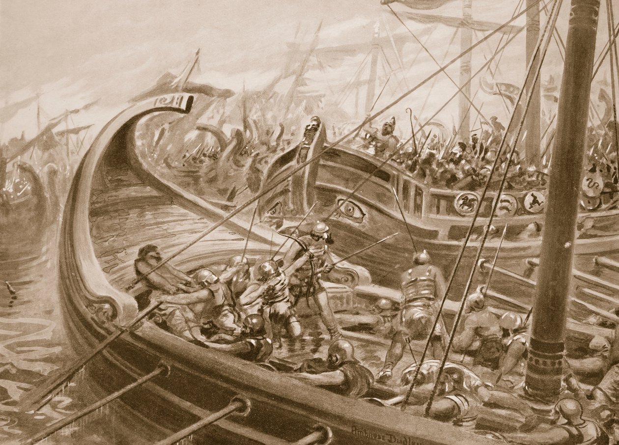 Flota Phocaen pokonuje Kartagińczyków, ilustracja z „Historia Narodów Hutchinsona”, c.1910-15 (lito) autorstwa Robert Ambrose Dudley