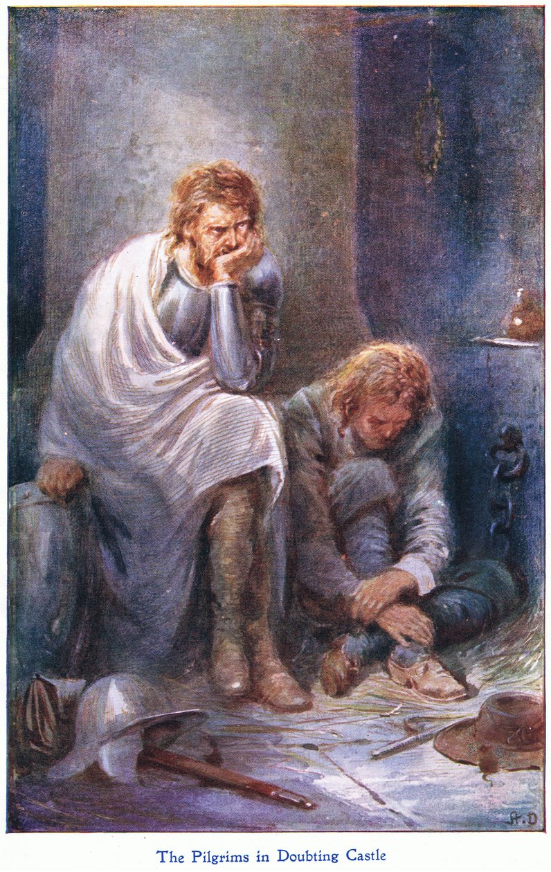 The Pilgrims in Doubting Castle, z książki The Pilgrims Progress wydanej przez John F. Shaw & Co, ok. 1900 (kolor lito) autorstwa Robert Ambrose Dudley