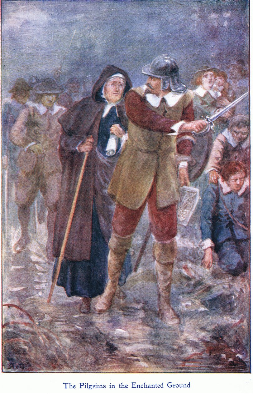 Pielgrzymi w zaczarowanej ziemi, z książki The Pilgrims Progress wydanej przez John F. Shaw & Co, ok. 1900 (kolor lito) autorstwa Robert Ambrose Dudley