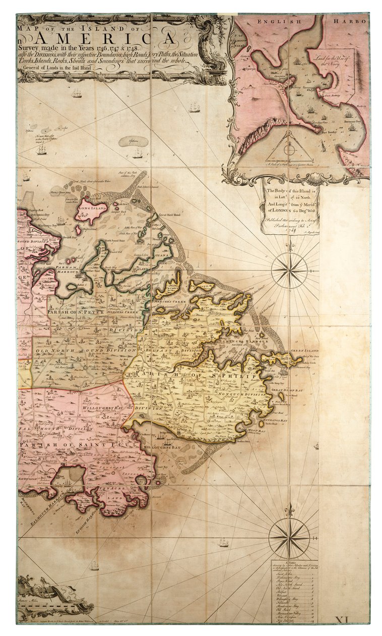 Nowa i dokładna mapa wyspy Antigua w Ameryce, według badań przeprowadzonych w latach 1746-1748, ok. 1749 r. (kolorowa rycina) autorstwa Robert Baker