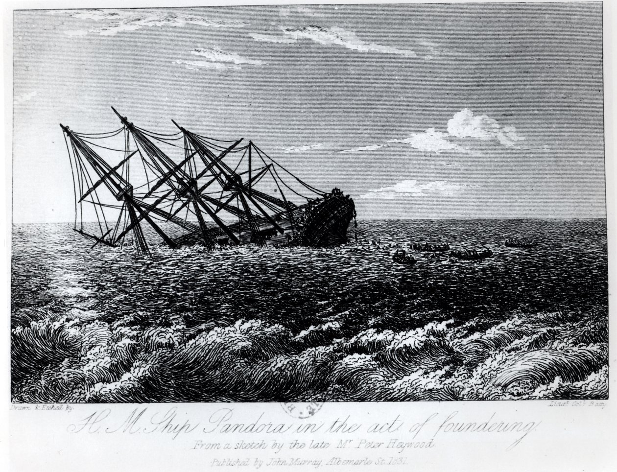H.M. Założenie Pandory, z książki „The Eventful History of the Bunity and Piratical Seizure of H.M.S. Bounty: jego przyczyna i konsekwencje” Johna Barrowa, opublikowane przez Johna Murraya w 1835 r. autorstwa Robert Batty