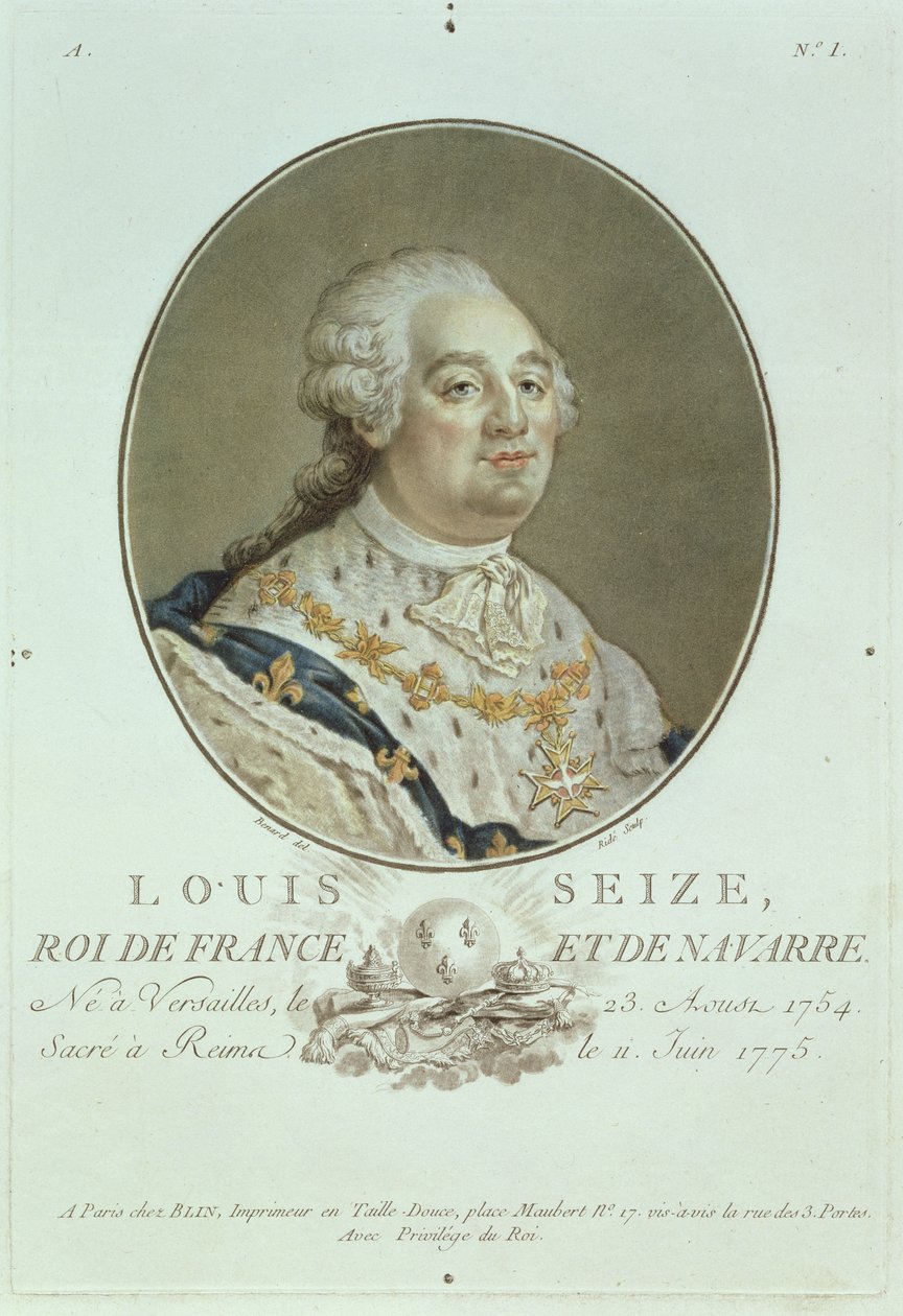 Portret Ludwika XVI (1754-93) z „Portraits des Grands Hommes Illustres”, grawerowany przez Ride (ręcznie barwiony grawerunek) autorstwa Robert Benard