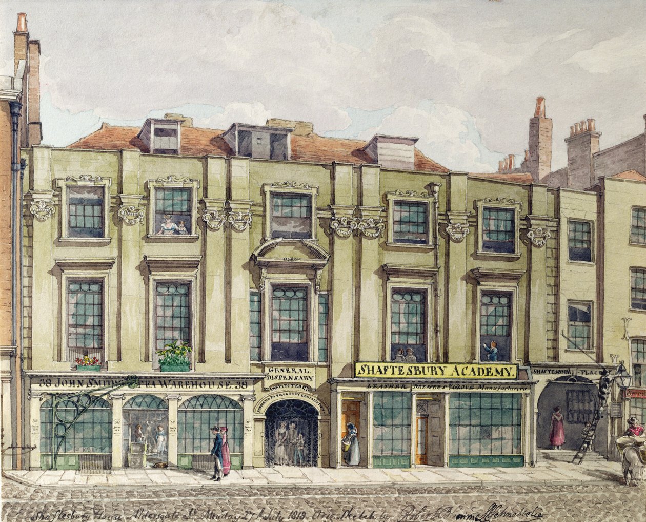 Shaftesbury House, Aldersgate Street, Londyn, 1819 (szkic wc) autorstwa Robert Blemell Schnebbelie