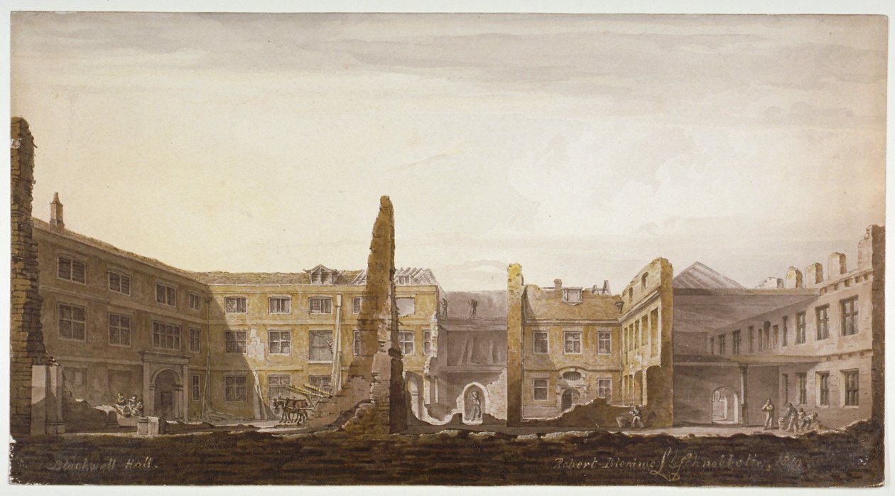 Blackwell Hall podczas rozbiórki, City of London, 1819 autorstwa Robert Blemmell Schnebbelie