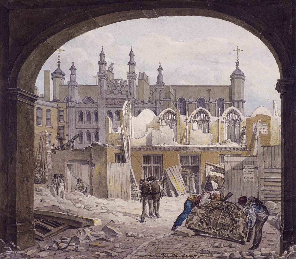 Rozbiórka Guildhall Chapel, Londyn, 1820 autorstwa Robert Blemmell Schnebbelie