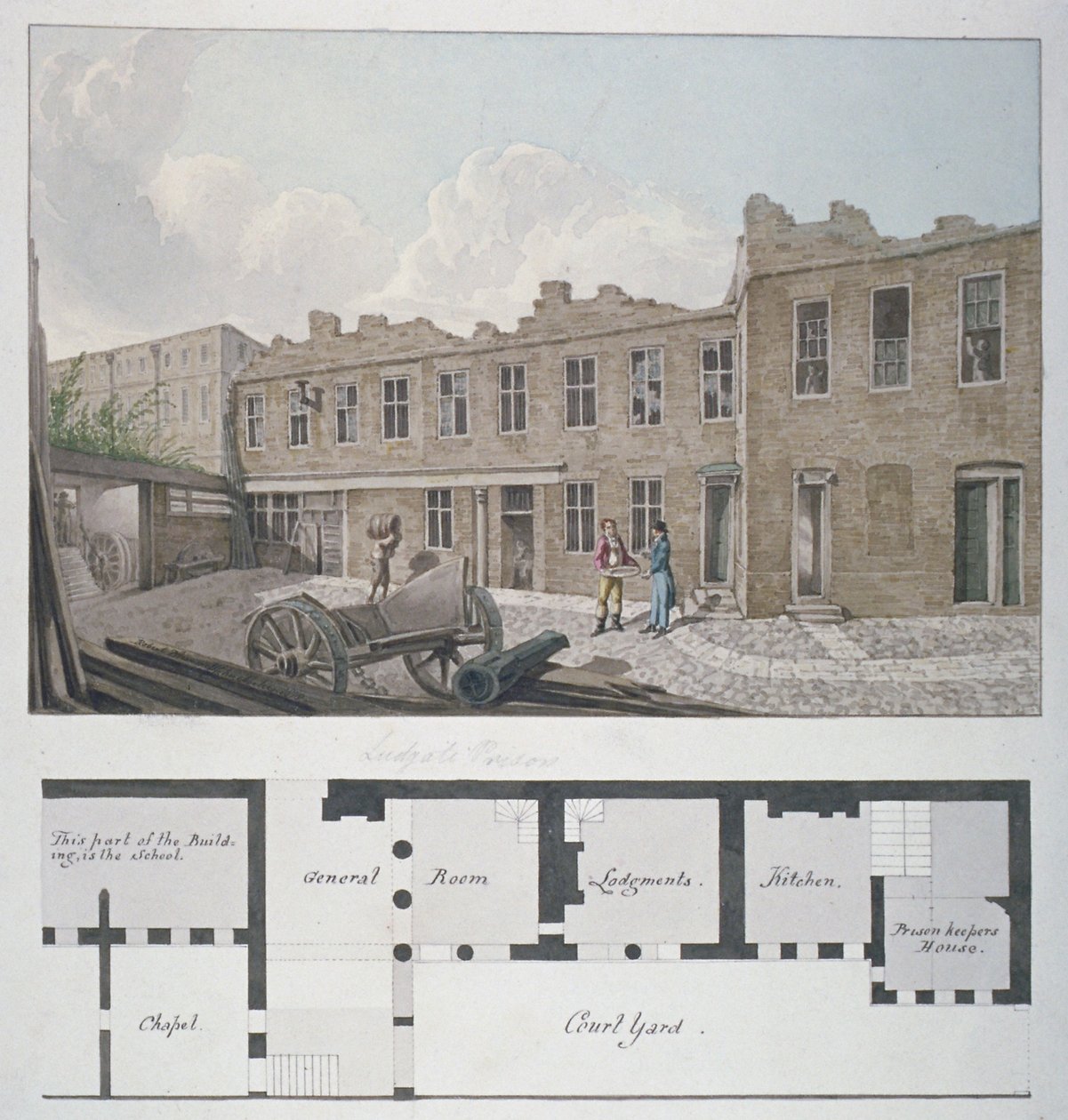Więzienie Ludgate z planem londyńskiego Workhouse, Bishopsgate, poniżej, City of London, 1818 autorstwa Robert Blemmell Schnebbelie