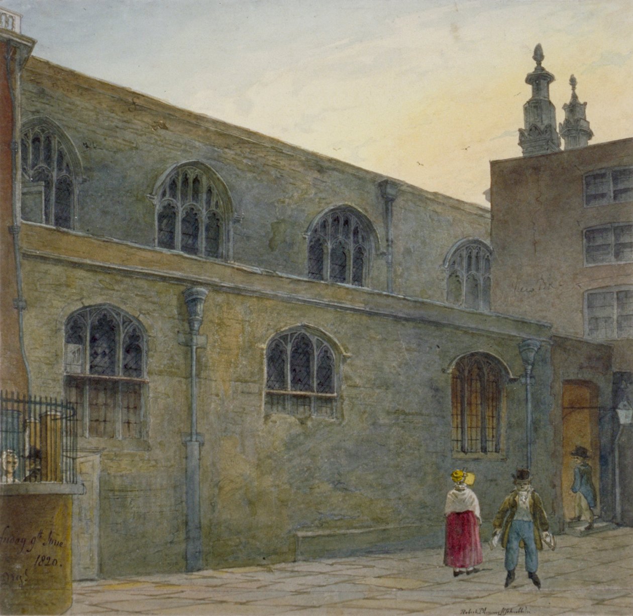 Północna strona kaplicy Guildhall przedstawiająca wejście do Cutthroat Alley, City of London, 1820 autorstwa Robert Blemmell Schnebbelie