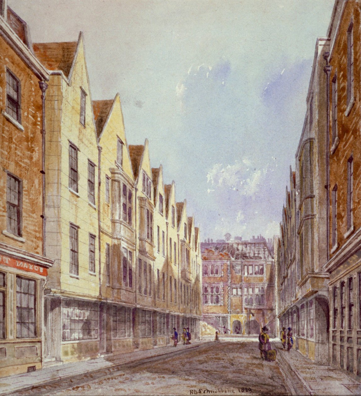 Widok na Great Winchester Street z widocznym w oddali Winchester Place, Londyn, 1839. autorstwa Robert Blemmell Schnebbelie