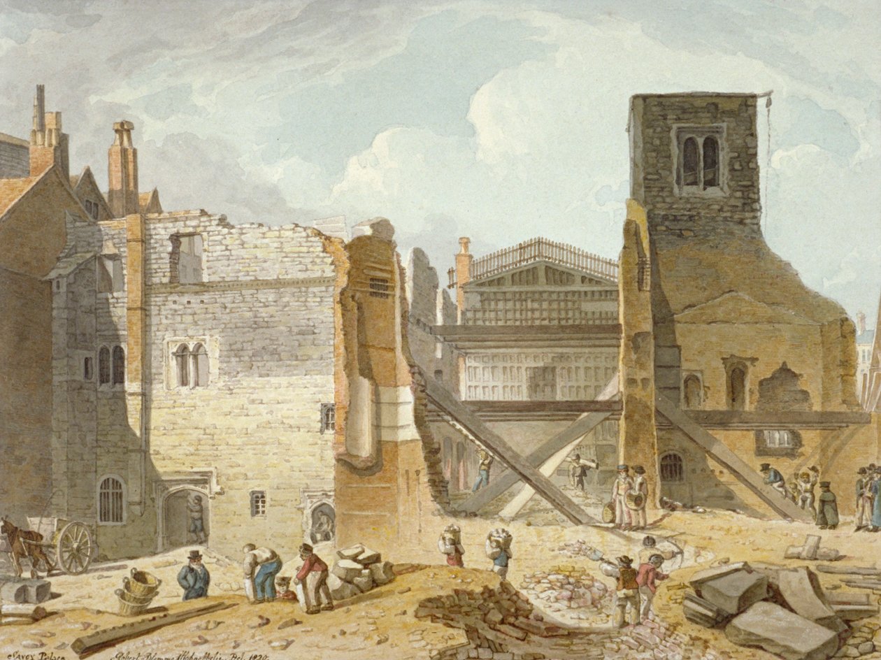 Widok zburzenia Pałacu Savoy, Westminster, Londyn, 1820 autorstwa Robert Blemmell Schnebbelie