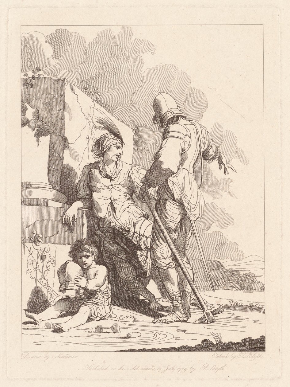 Dwóch żołnierzy i dziecko trzymające hełm autorstwa Robert Blyth, after John Hamilton Mortimer