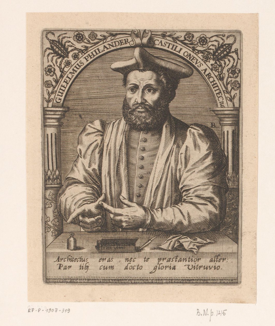 Portret Guillaume Philandrier Guilelmus Philander Castili oneus architectus (tytuł na obiekcie) Seria portretów uczonych XV i XVI wieku (tytuł serii) autorstwa Robert Boissard