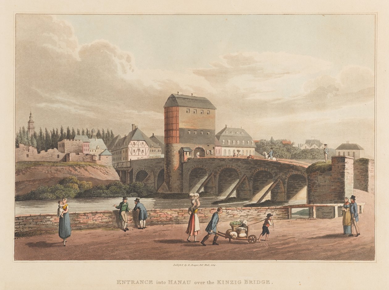 Wejście do Hanau przez most Kinzig, 1814 (akwatinta) autorstwa Robert Bowyer