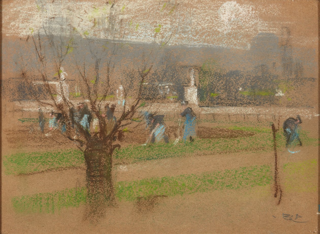 Sadzenie cebul w ogrodach Tuileries, Paryż (pastel) autorstwa Robert Brough