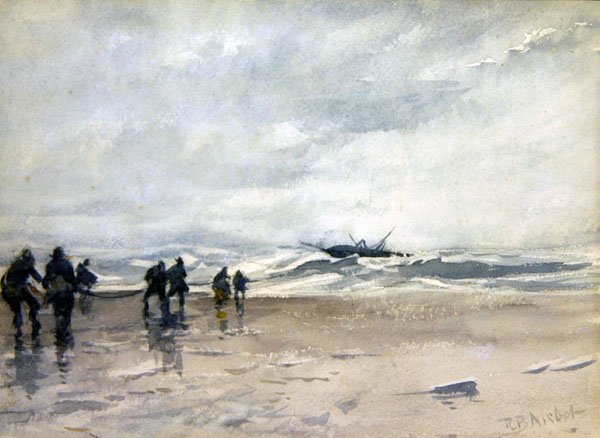 Rybacy ciągnący zniszczoną łódź rybacką (akwarela na papierze) autorstwa Robert Buchan Nisbet