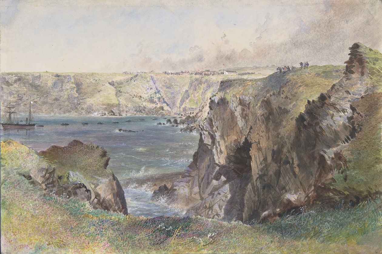 Foilhummerum Bay, Valentia, z fortu Cromwell: Caroline układająca przewód uziemiający 21 lipca 1865 r. autorstwa Robert Charles Dudley