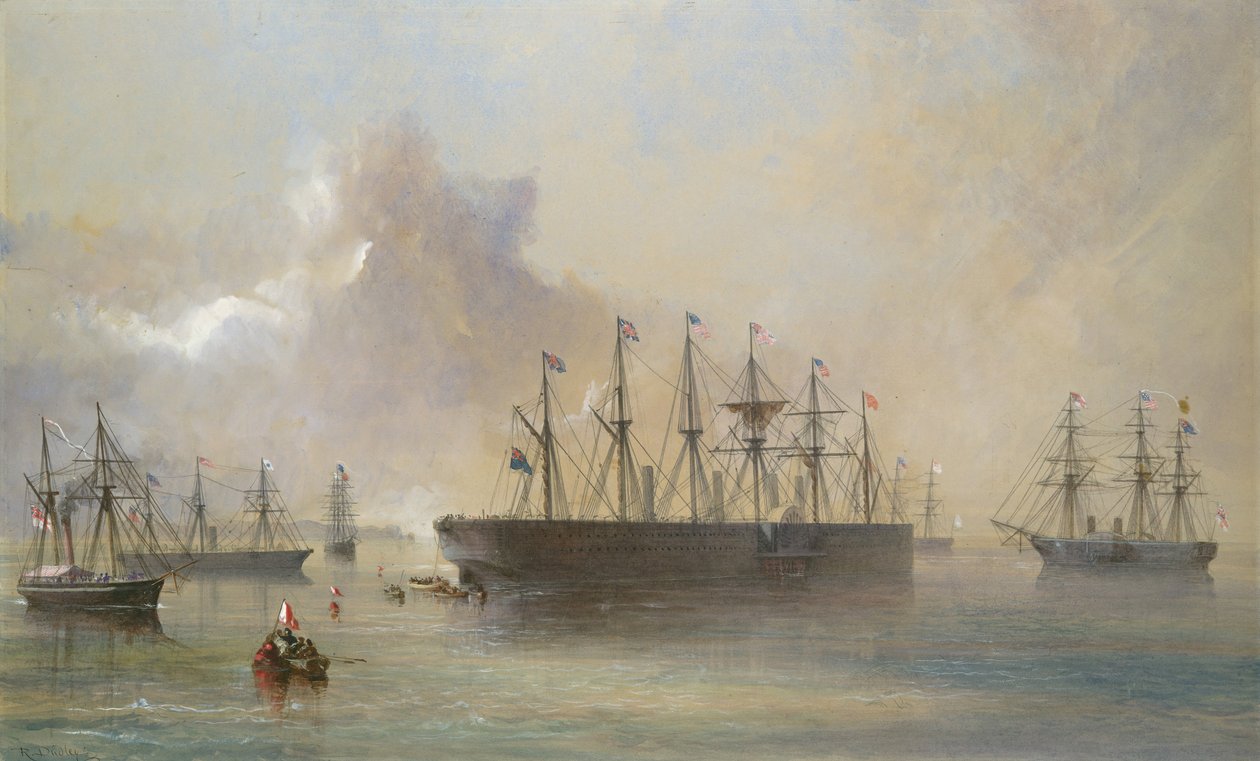 Flota kablowa Atlantic Telegraph zmontowana na południowo-zachodnim wybrzeżu Irlandii w Berehaven..., 1866. autorstwa Robert Charles Dudley