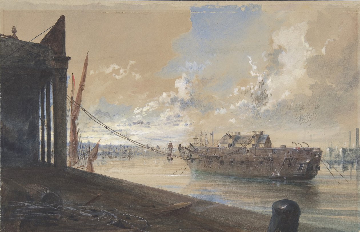 Kabel przeszedł z zakładu do Hulka starej fregaty Iris leżącego na Tamizie..., 1865-66 autorstwa Robert Charles Dudley