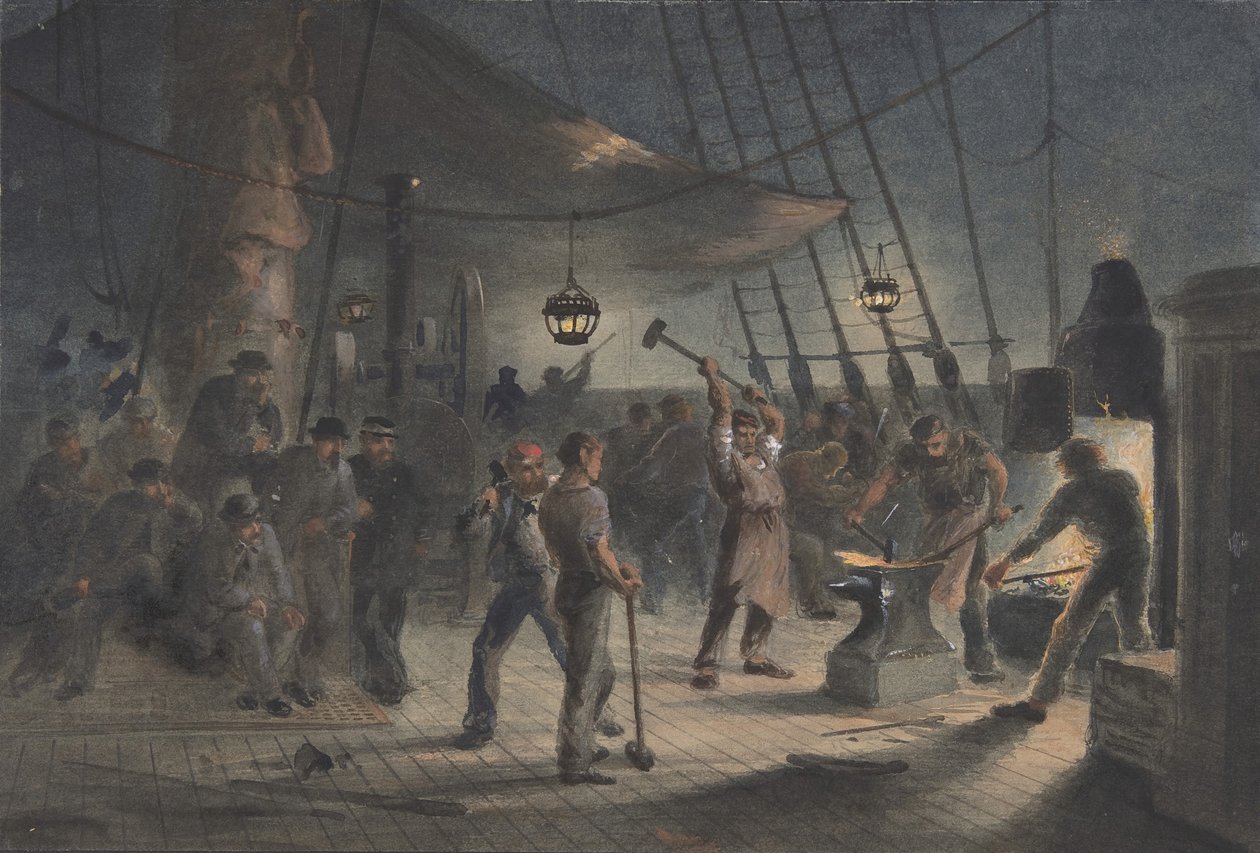 Kuźnia na pokładzie, noc 9 sierpnia: Przygotowanie żelaznej płyty dla Kabestanu, 1865-66. autorstwa Robert Charles Dudley