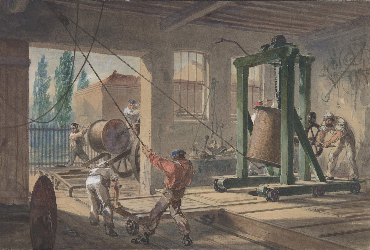 Szpule z drutem przewodzącym pokrytym gutaperką, transportowane do zbiorników w zakładach..., 1865-66. autorstwa Robert Charles Dudley