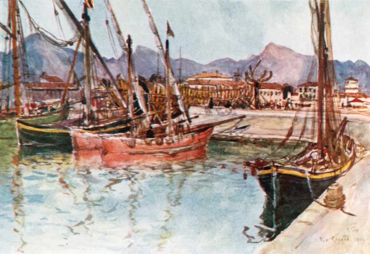 Statki przybrzeżne w porcie w Viareggio (kolorowa litografia) autorstwa Robert Charles Goff