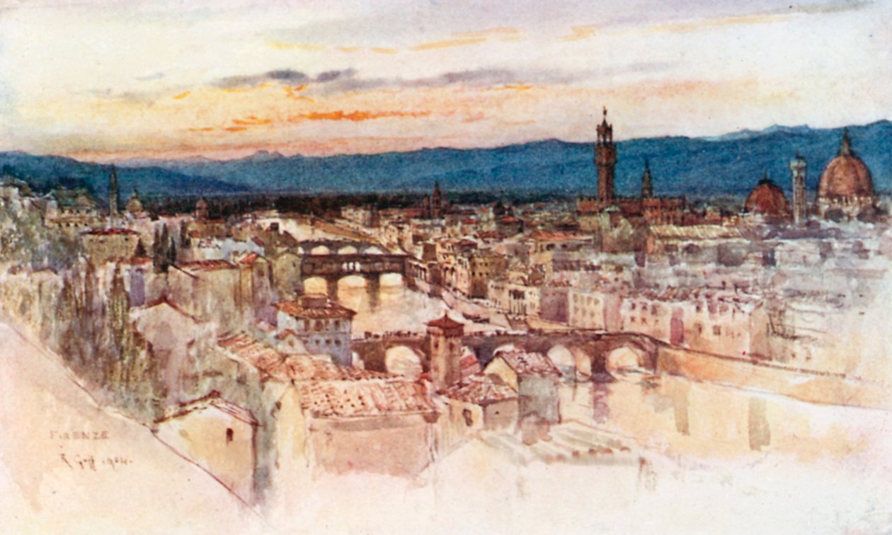 Miasto Florencja z Piazzale Michelangelo, San Miniato (kolorowa litografia) autorstwa Robert Charles Goff