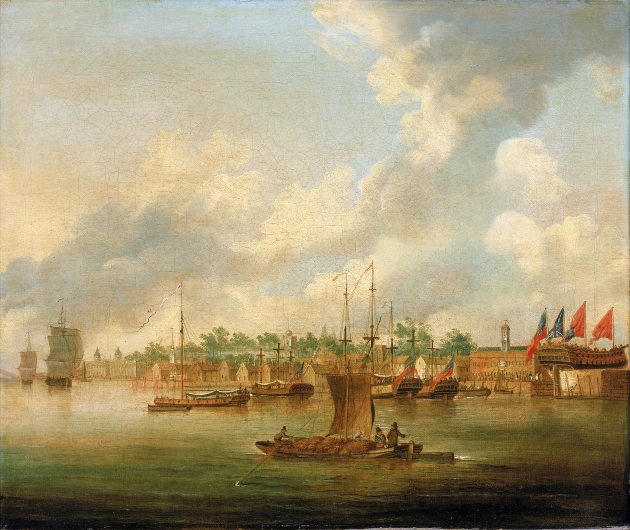 Żegluga w Deptford, nad Tamizą (Anglia), naprzeciwko Nabrzeża Królewskiego, z dużą koncentracją prywatnych stoczni. autorstwa Robert Cleveley