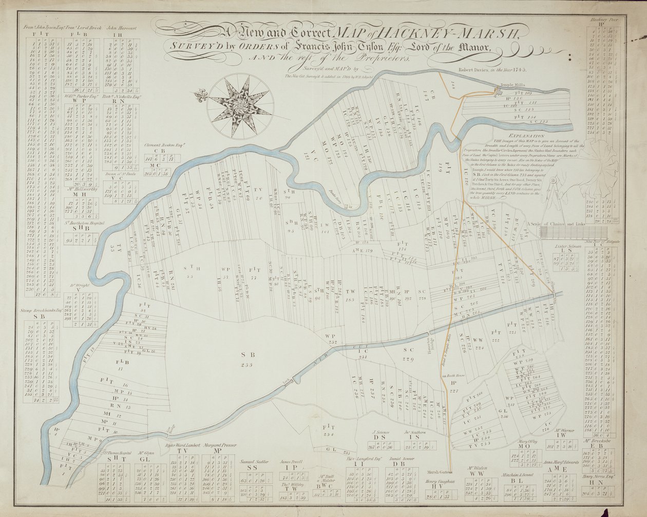 Nowa i poprawna mapa Hackney Marsh, 1745 autorstwa Robert Davies