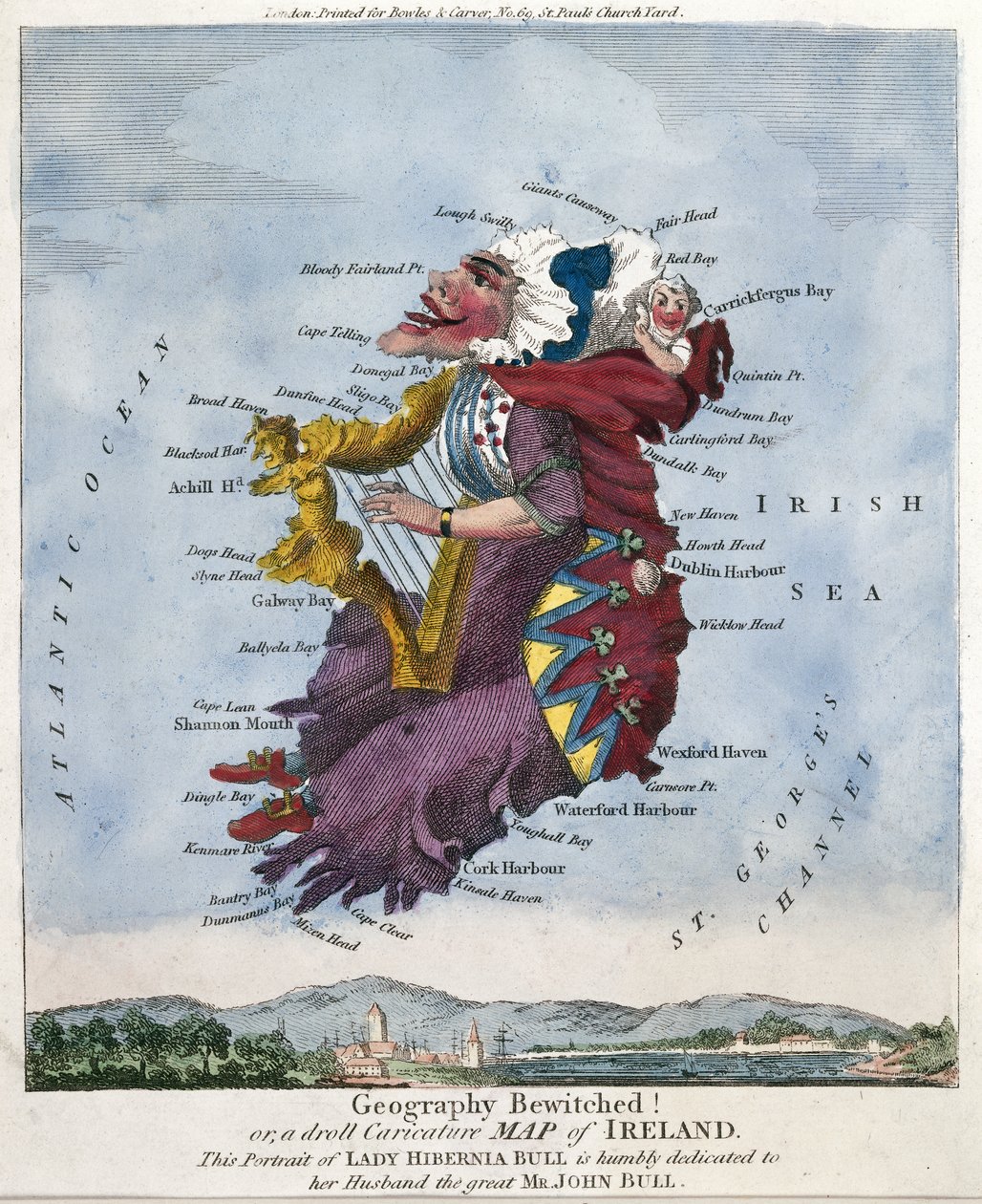 Zaczarowana geografia! Lub zabawna karykaturalna mapa Irlandii. Ten portret Lady Hibernia Bull jest pokornie poświęcony jej mężowi, wielkiemu panu Johnowi Bullowi. [ok.1796] autorstwa Robert Dighton