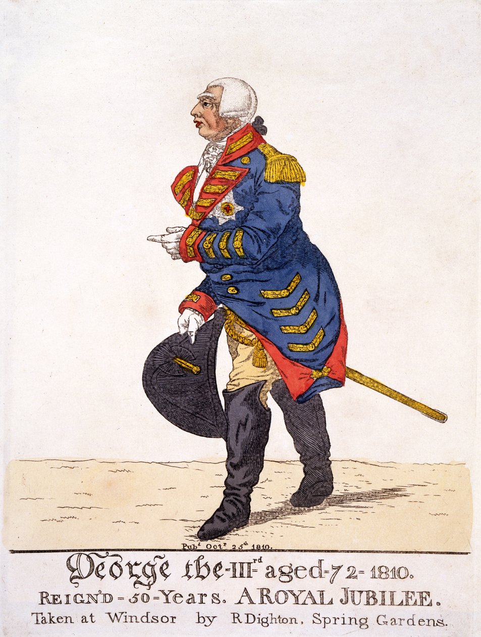 Jerzy III Brytyjski w 1810 roku z okazji Jubileuszu Pięćdziesięciolecia, odbitka R Dightona według jego własnego rysunku wykonanego w Windsorze, pub. 25 października 1810 (litografia barwna) autorstwa Robert Dighton