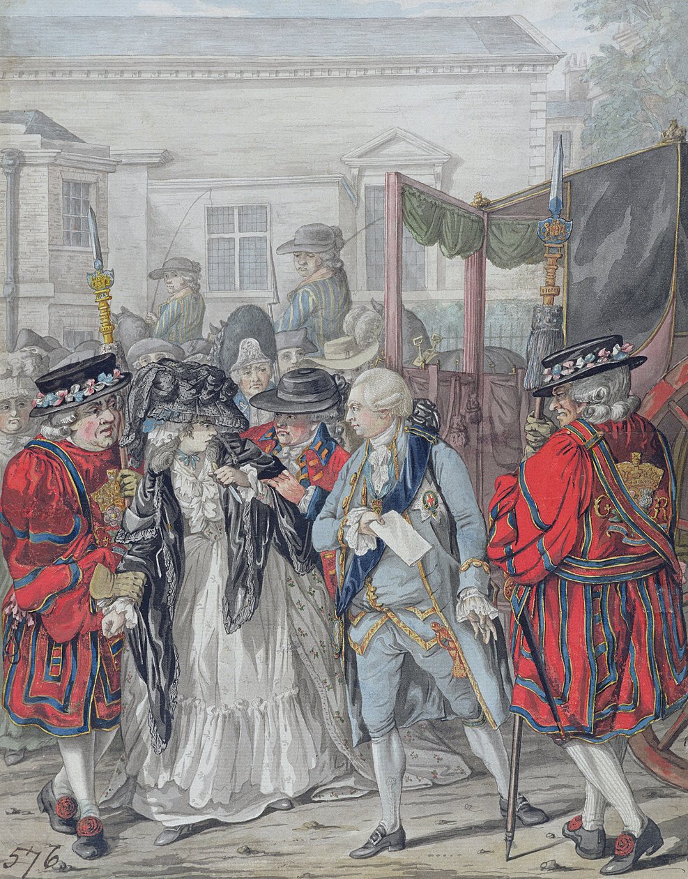 Margaret Nicholson podczas próby zamachu na Jego Królewską Mość Jerzego III (1738-1820) przy wejściu do ogrodu Pałacu św. Jakuba, 2 sierpnia 1786 r. (ołówek, pióro i czarny tusz, akwarela i tusz na papierze) autorstwa Robert Dighton
