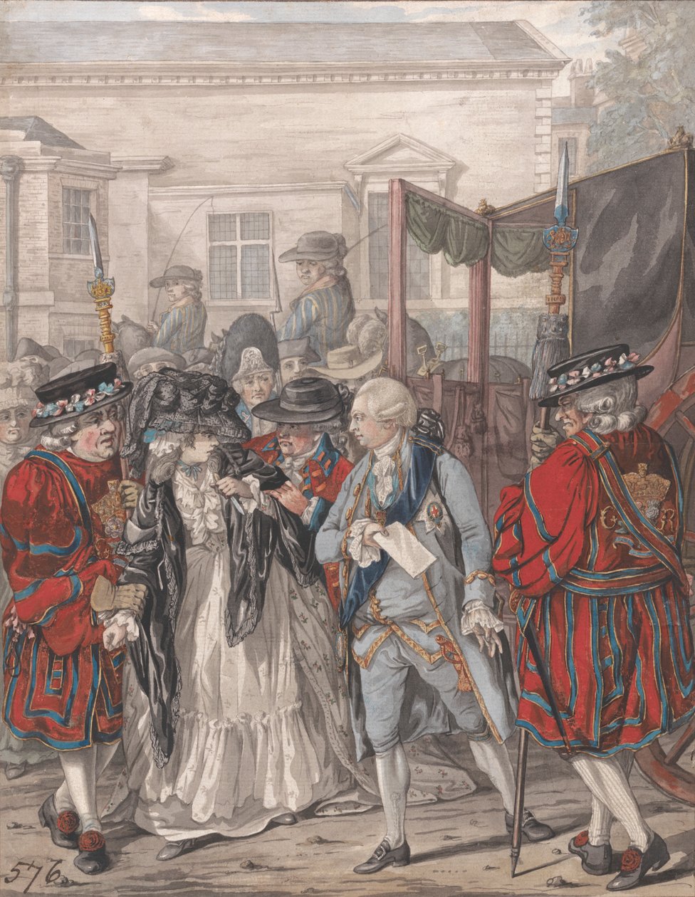 Margaret Nicholson usiłująca zabić Jego Królewską Mość Jerzego III przy wejściu do Ogrodu Pałacu św. Jakuba, 2 sierpnia 1786 r. autorstwa Robert Dighton