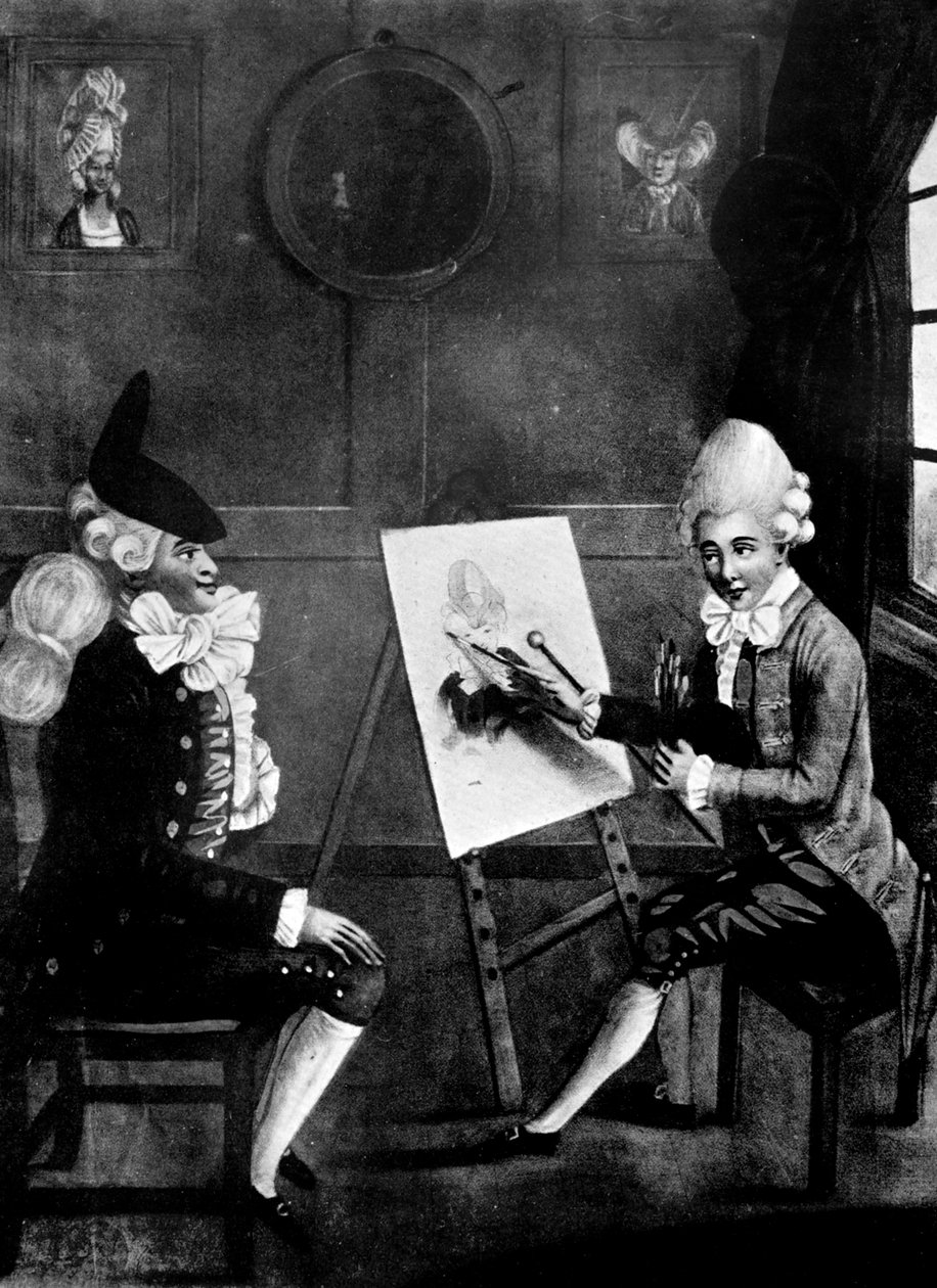 Malarz makaronów, czyli Billy Dimple siedzący do swojego obrazu, 1770 autorstwa Robert Dighton