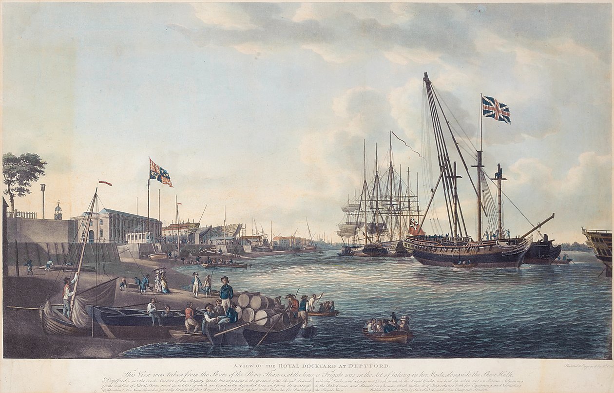 Widok Królewskiej Stoczni w Deptford, ok. 1789 r. autorstwa Robert Dodd