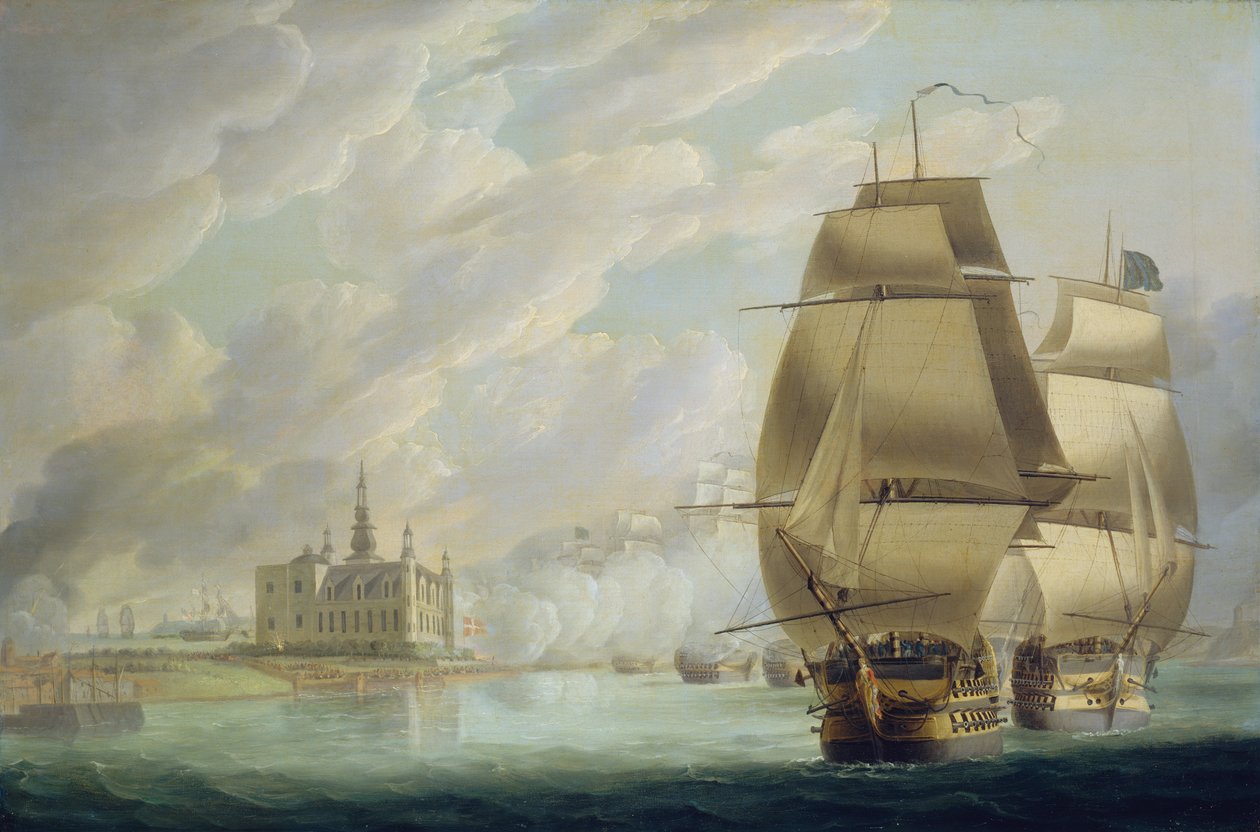 Nelson forsujący przejście przez cieśninę, 30 marca 1801 r., przed bitwą pod Kopenhagą autorstwa Robert Dodd