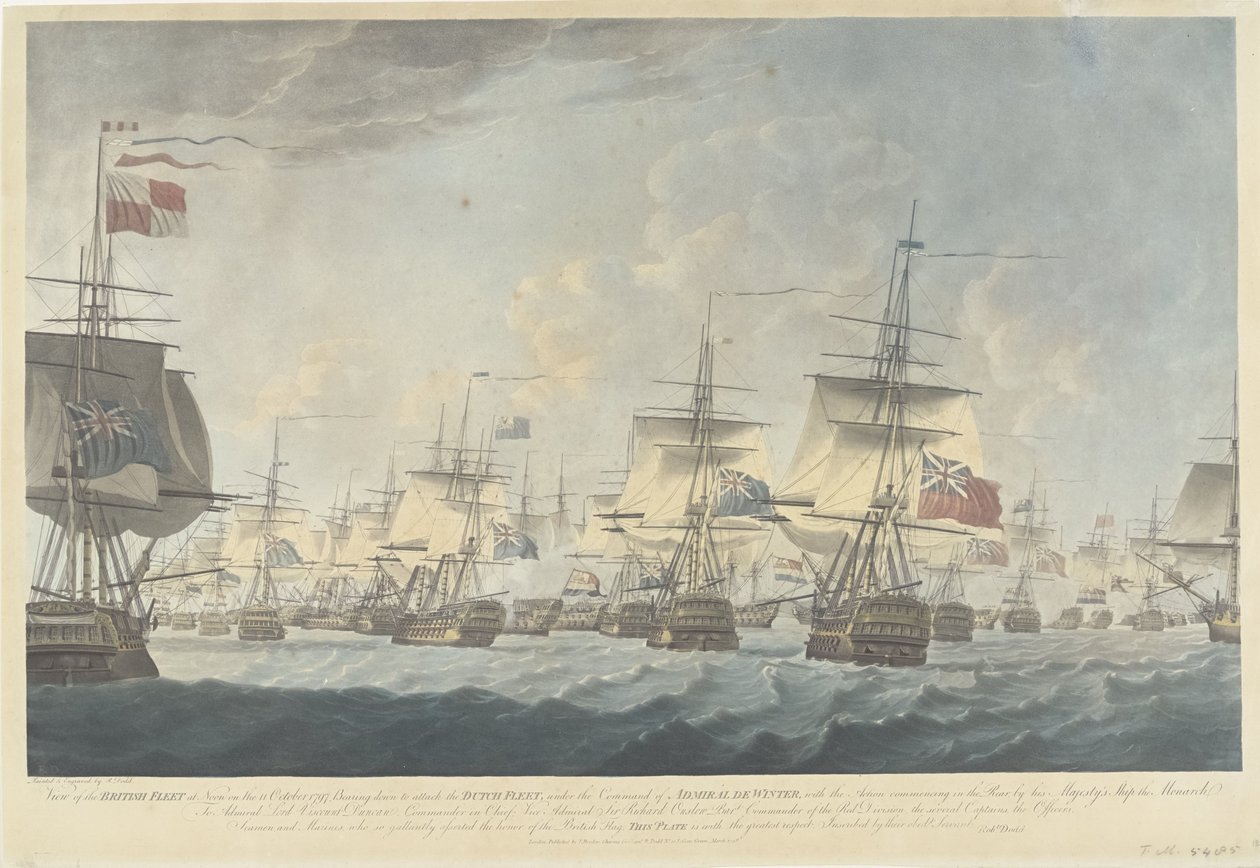 Bitwa pod Kamperduinem (1797): atak floty brytyjskiej Widok floty brytyjskiej w południe 11 października 1797 r., zmierzający do ataku na flotę holenderską (...) (tytuł na obiekcie) autorstwa Robert Dodd