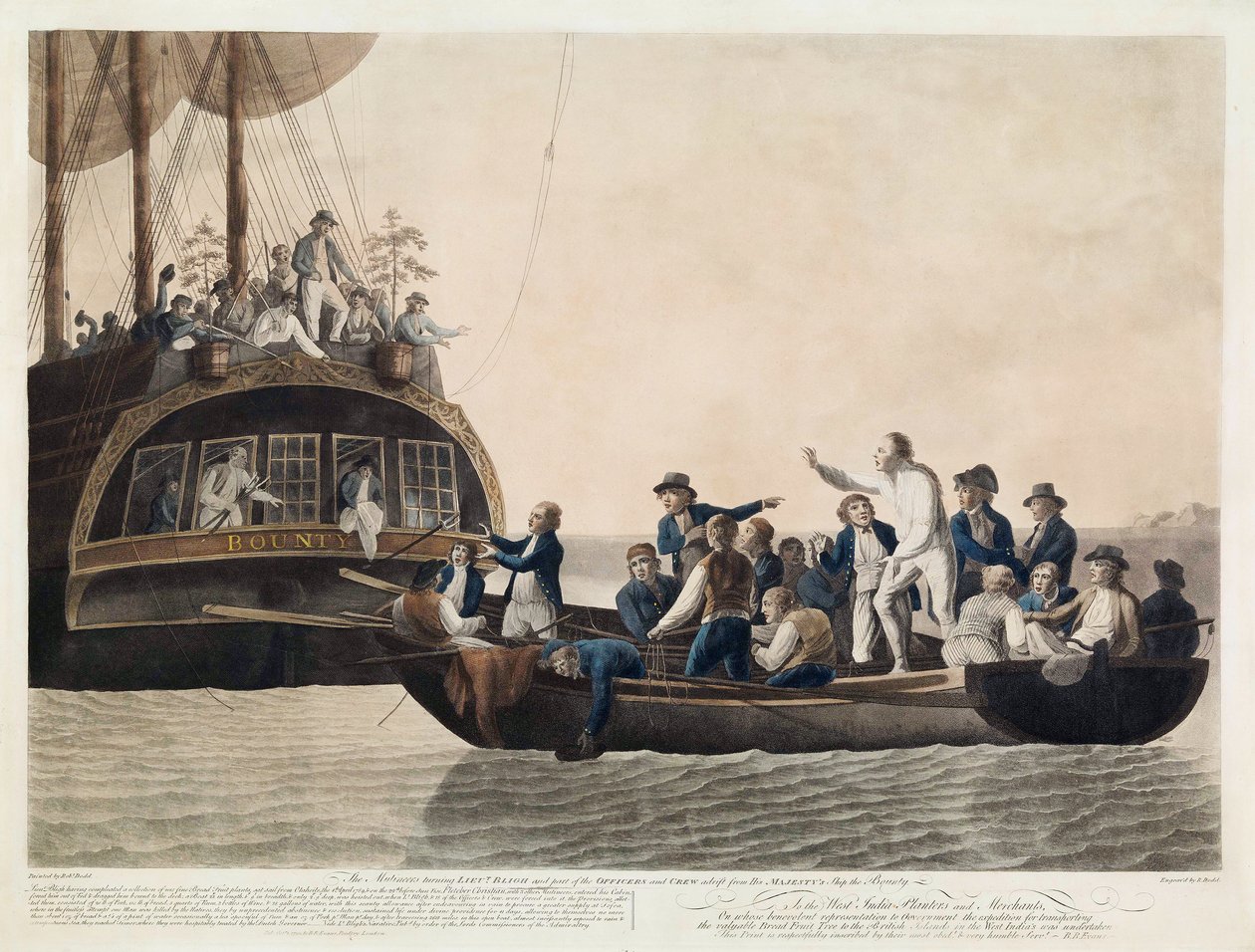 Buntownicy zmieniający porucznika Bligha oraz część oficerów i załogi Adrift, 29 kwietnia 1789, wyd. 1790 autorstwa Robert Dodd