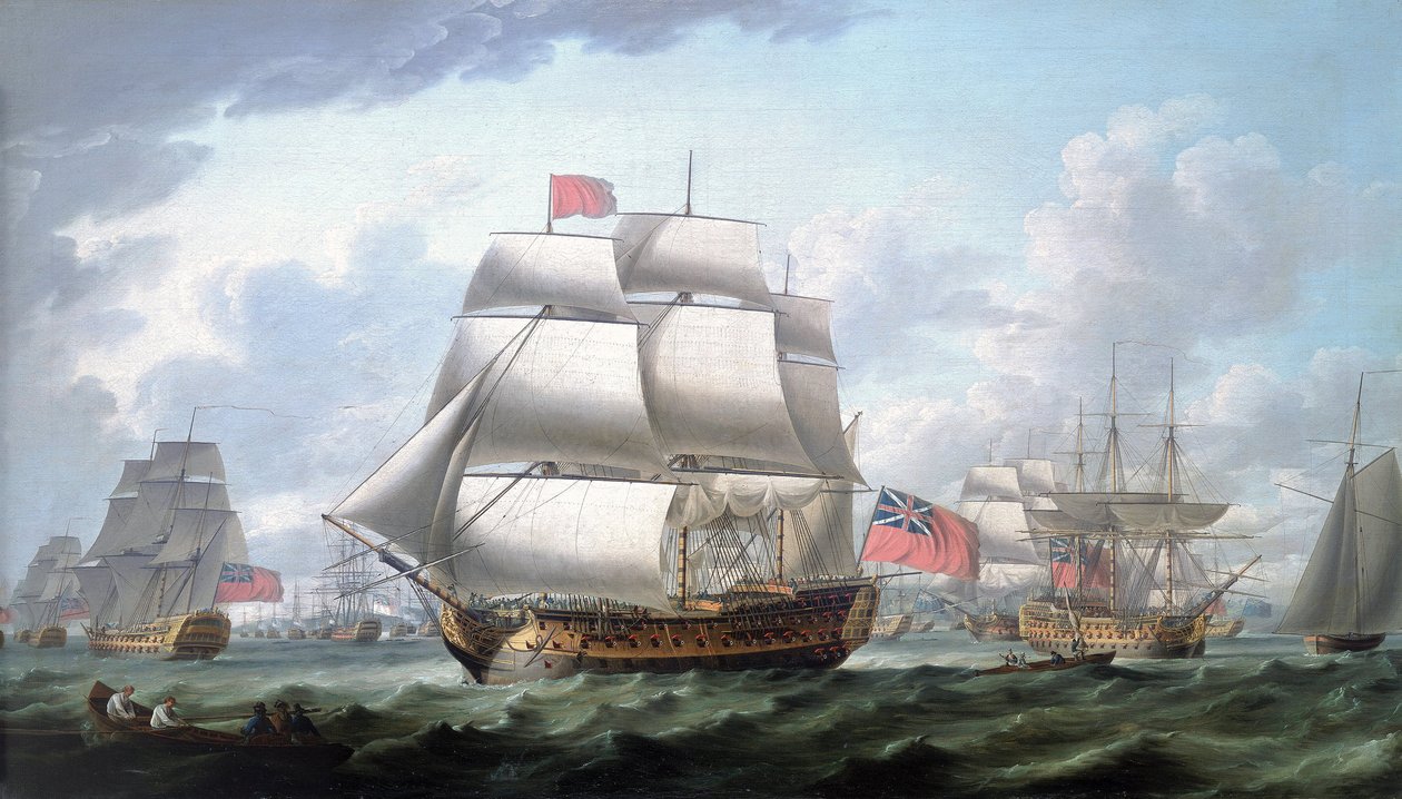 "Victory" opuszczający Spithead (Anglia), noszący czerwoną banderę i banderę wiceadmirała Rouges, po jego prawej trójmasztowiec zidentyfikowany jako "Queen Charlotte". autorstwa Robert Dodd